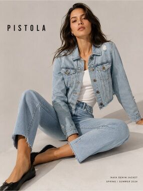 Pistola Naya Distressed Cropped Denim Jacket Light Wash 100% Cotton Size S